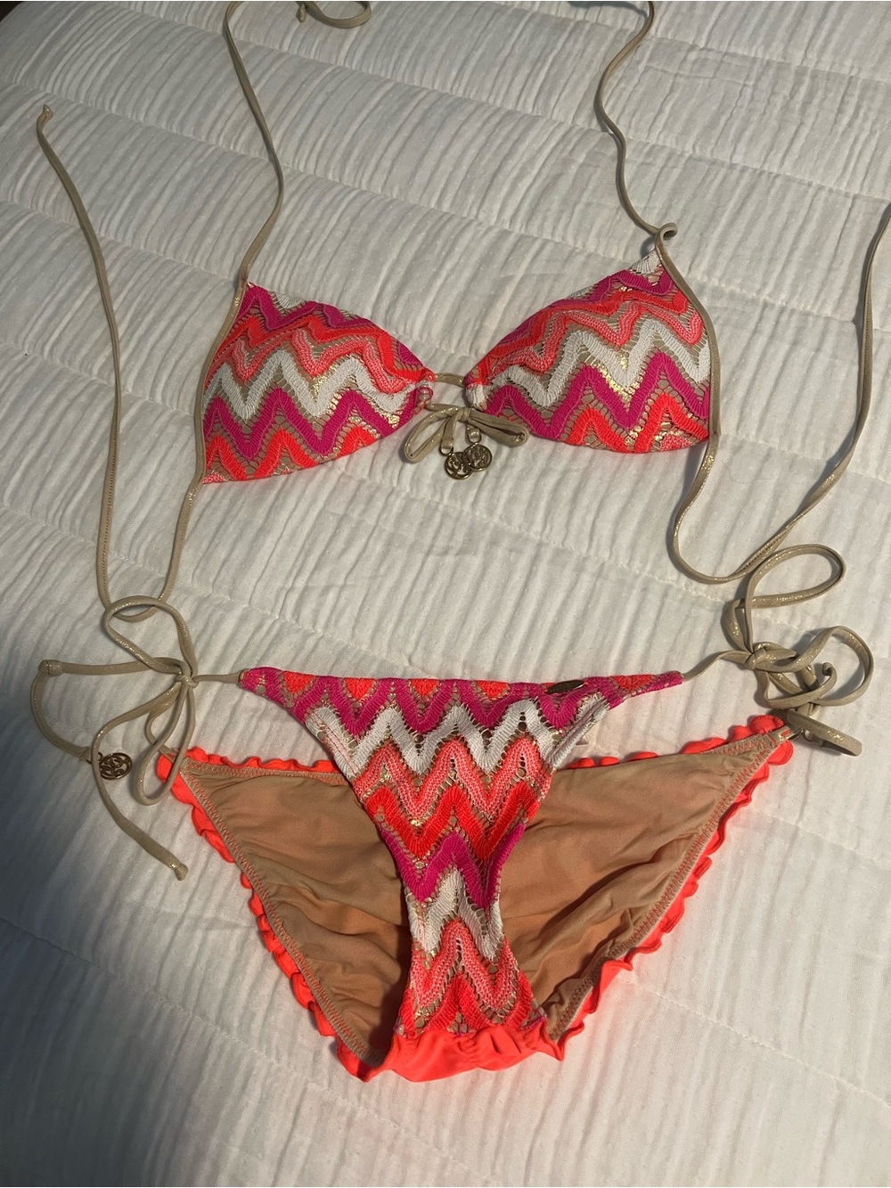 Luli Fama Neon Pink & Coral Trim Bikini Top with Beige Lining